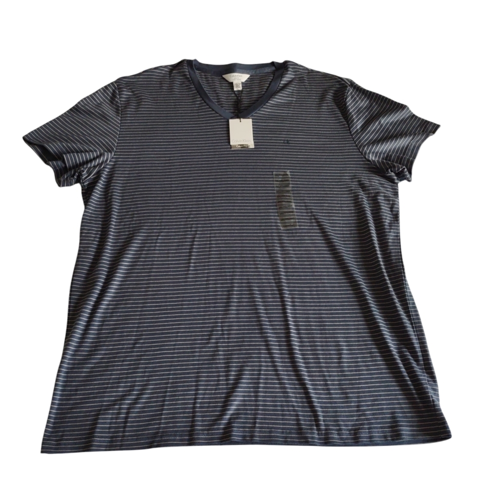 Calvin Klein Body Fit Blue Stripe V-Neck Mens XXL Cotton Shirt